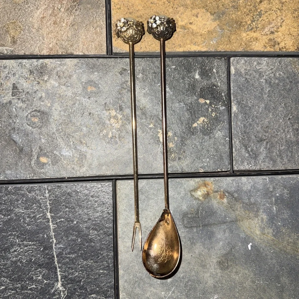 Long Gold Tone Cocktail Spoon & Fork Set Pearl End
